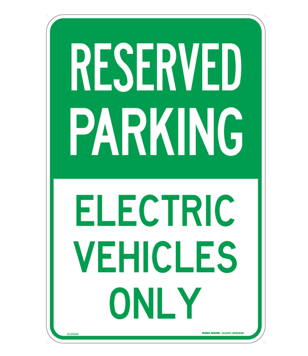 sign RESERVED PARKING ELECTRIC VEHICLES ONLY Grn/Wht - w300 x h450mm METAL