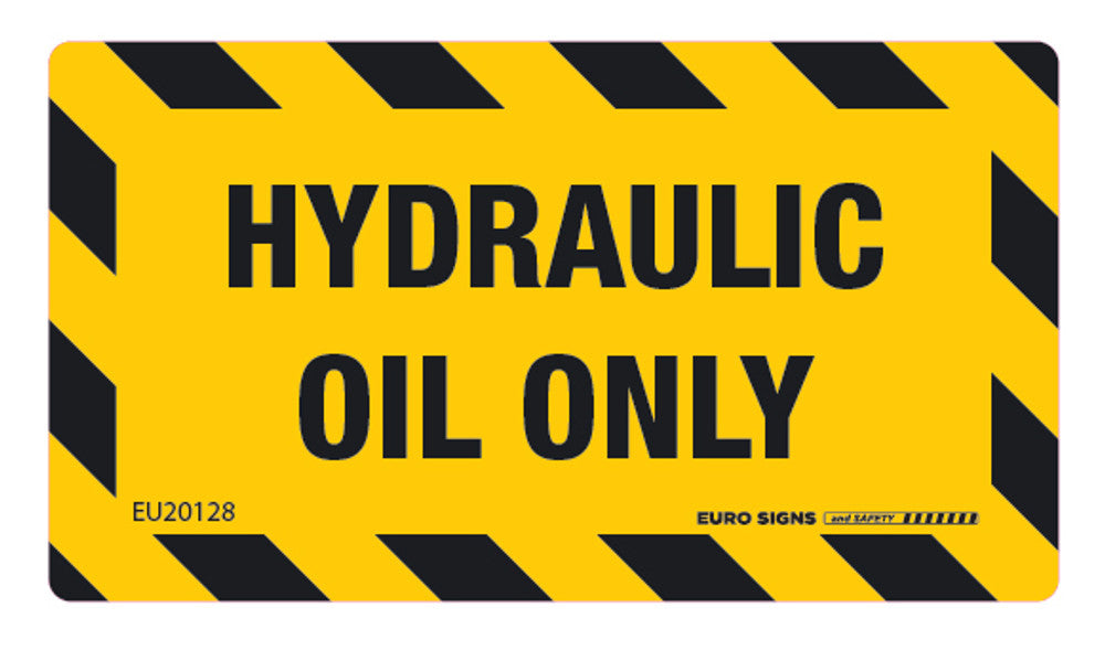 Sign HYDRAULIC OIL ONLY Chevron border Blk/Ylw - w90 x h50mm DECAL
