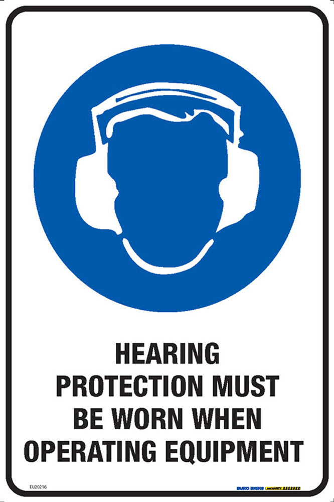 Sign Hearing Protect Must Be Worn +graphic Blue Blk Wht - W300 X H4 