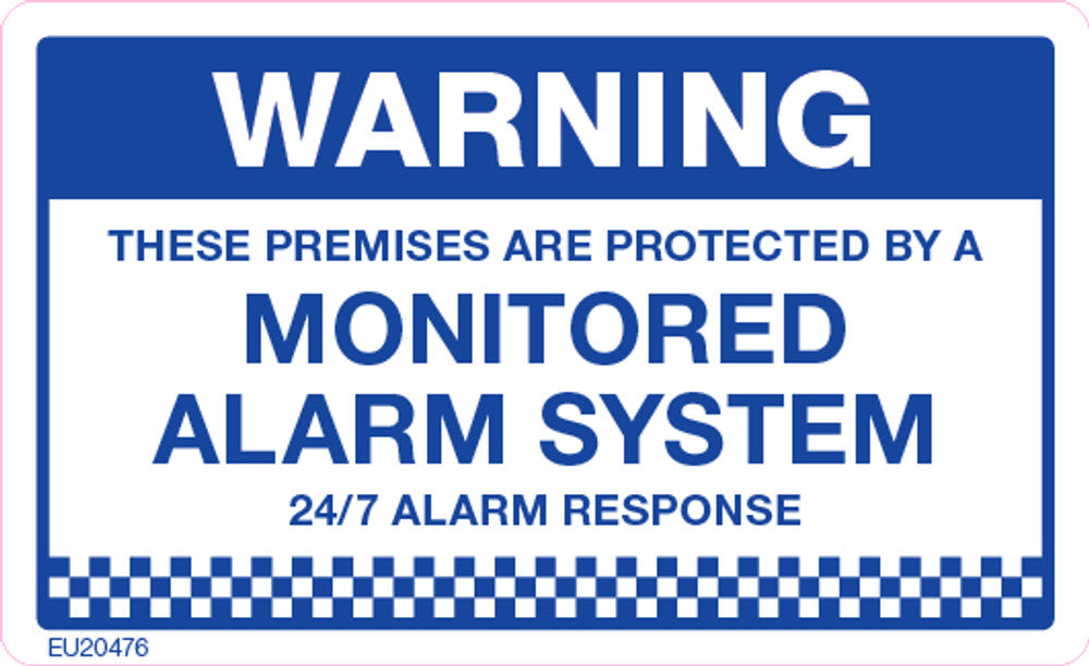 Sign WARNING MONITORED ALARM 24hr response Blu/Wht - w90 x h55mm DECAL ...