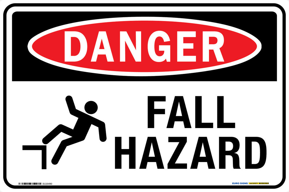 Sign DANGER FALL HAZARD +graphic Wht/Blk/Red - w450 x h300mm METAL ...